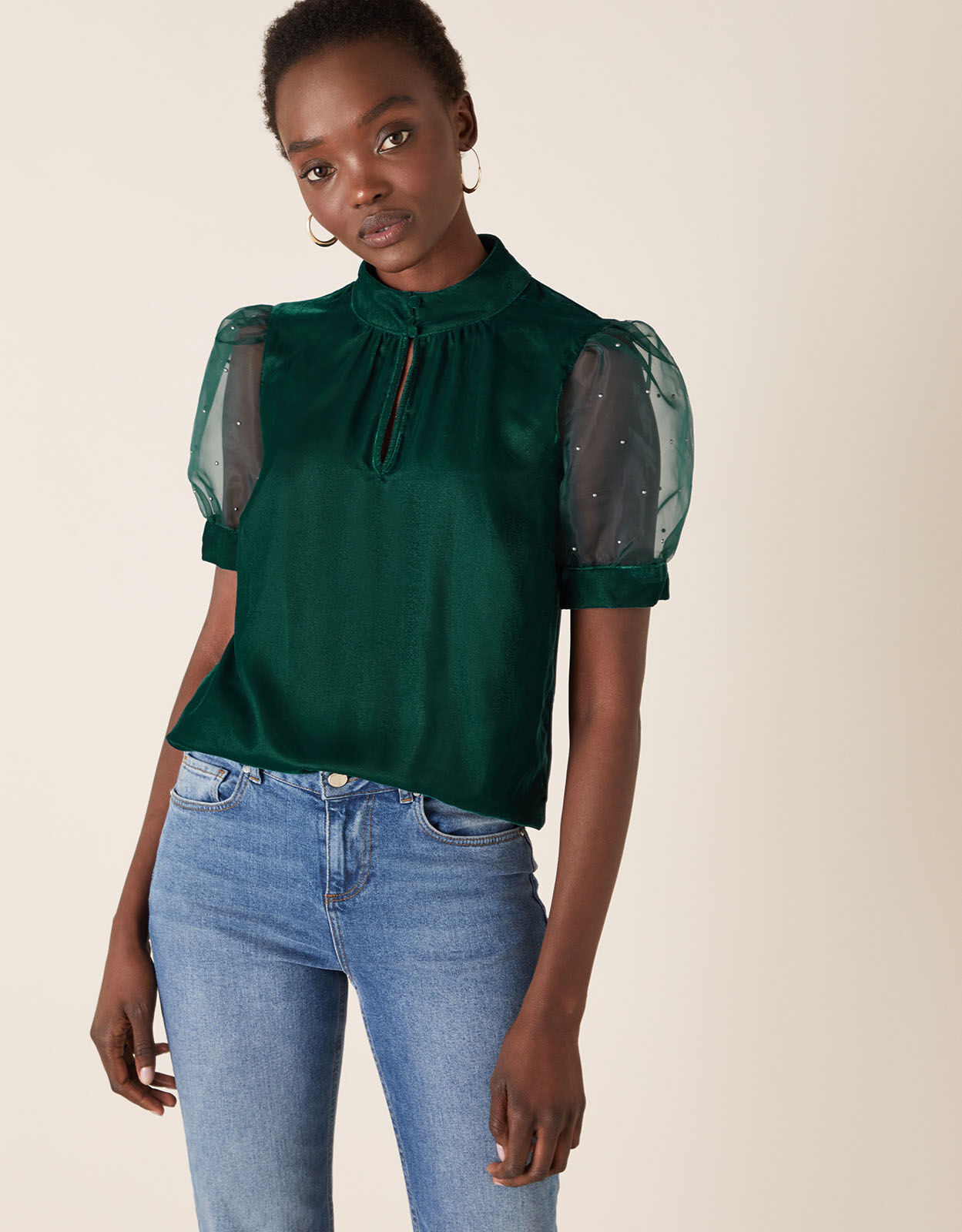 Organza Sleeve Velvet Top Green