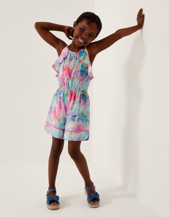 Frill Palm Print Halter Playsuit, Blue (TURQUOISE), large