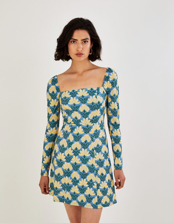 Heritage Floral Square Neck Jersey Dress, Blue (BLUE), large