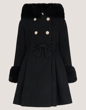 Bow Faux Fur Double-Breasted Coat, Black (BLACK), large
