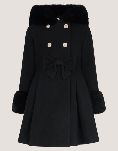 Bow Faux Fur Double-Breasted Coat, Black (BLACK), large