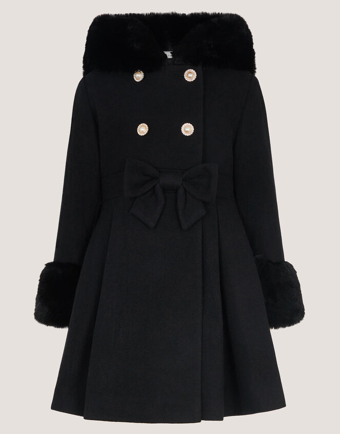 Bow Faux Fur Double-Breasted Coat, Black (BLACK), large