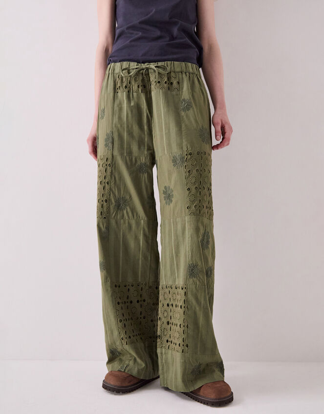 East Tasia Broderie Patchwork Trousers, Green (OLIVE), large
