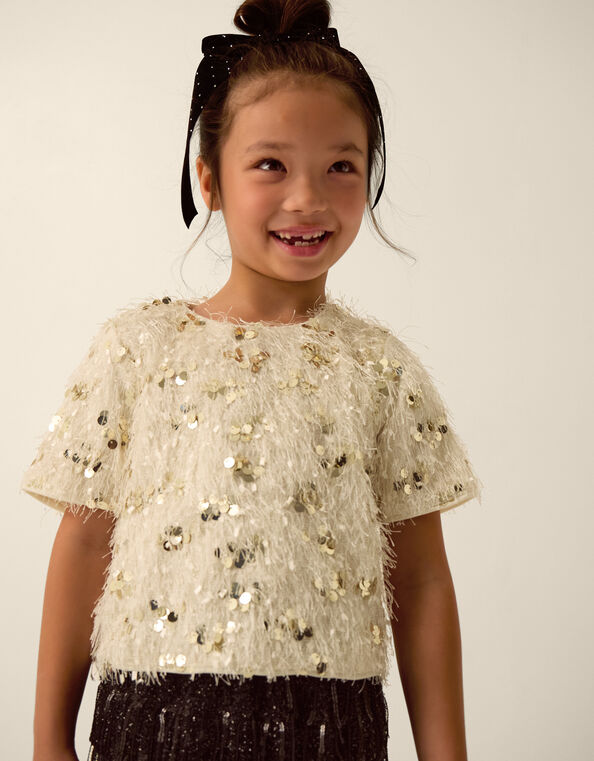 Frankie Short Sleeve Sequin Fringe Top, White (WARM IVORY), large