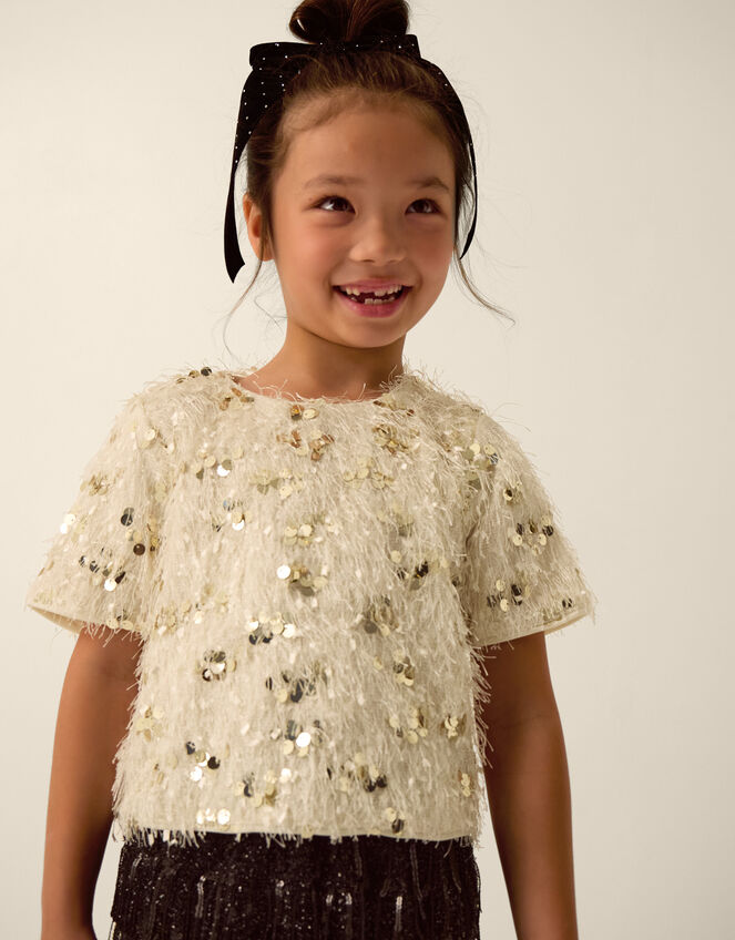 Frankie Short Sleeve Sequin Fringe Top, White (WARM IVORY), large