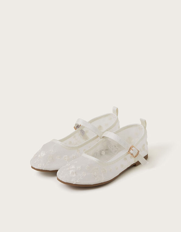 Floral Embroidered Mesh Ballet Flats, Ivory (IVORY), large