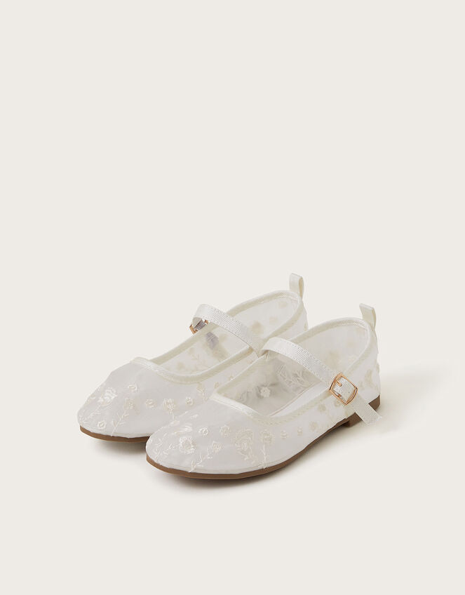 Floral Embroidered Mesh Ballet Flats, Ivory (IVORY), large