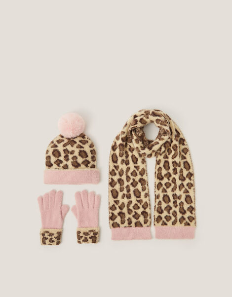Leopard Print Hat Scarf & Gloves Set, Multi (MULTI), large