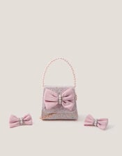 Bow Glitter Bag & Hair Clips Set, , large