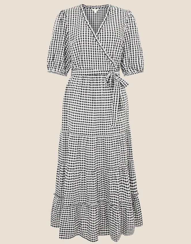 Gingham Wrap Dress in Organic Cotton, Black (BLACK), large