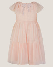 Cape Sleeve Embellished Bow Ruffle Dress, Pink (PINK), large