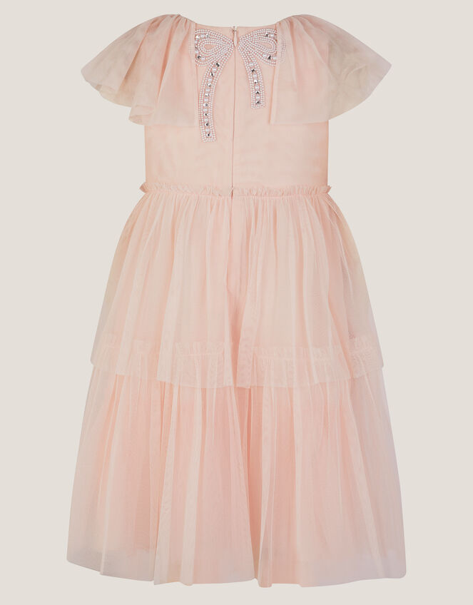 Cape Sleeve Embellished Bow Ruffle Dress, Pink (PINK), large