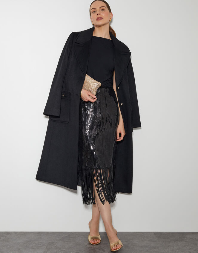 Shay Sequin Tassel Pencil Skirt, Black (BLACK), large