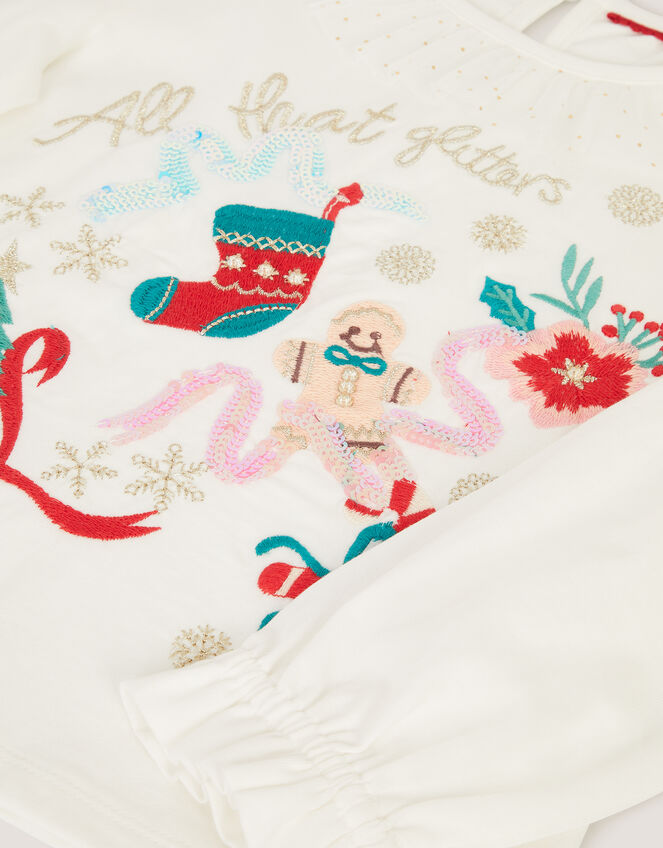 Embellished Christmas Long Sleeve Top, Ivory (IVORY), large