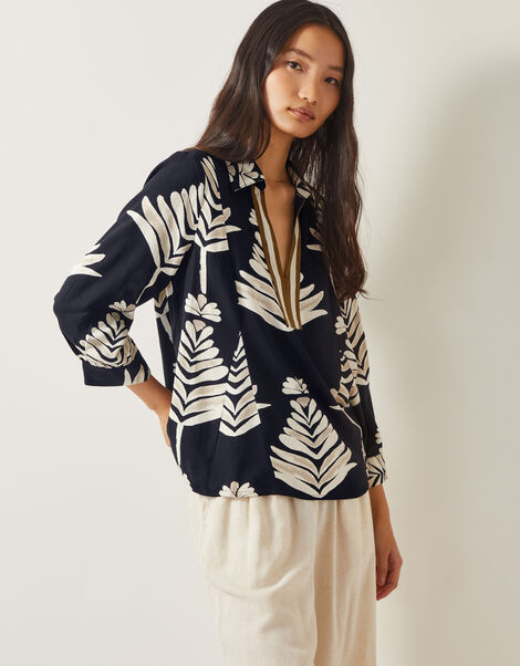 Pamela Linen Blend Leaf Print Top, Black (BLACK), large
