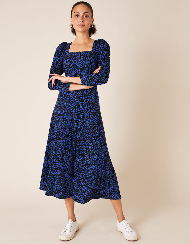 Floral Square Neck Jersey Midi Dress, Blue (COBALT), large