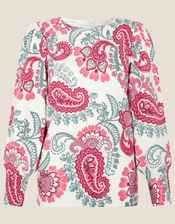 Paisley Printed Puff Sleeve Jumper, Red (RED), large