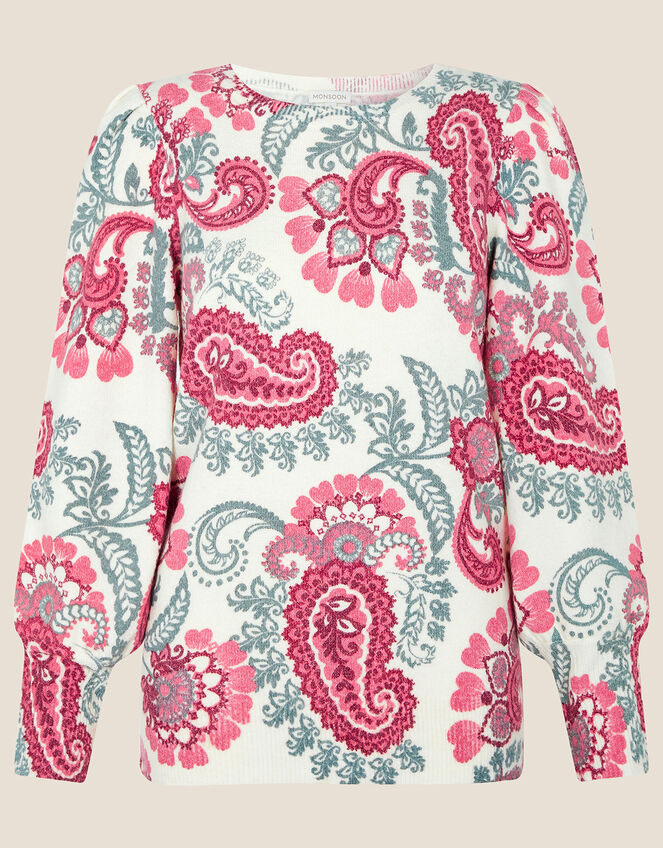 Paisley Printed Puff Sleeve Jumper, Red (RED), large