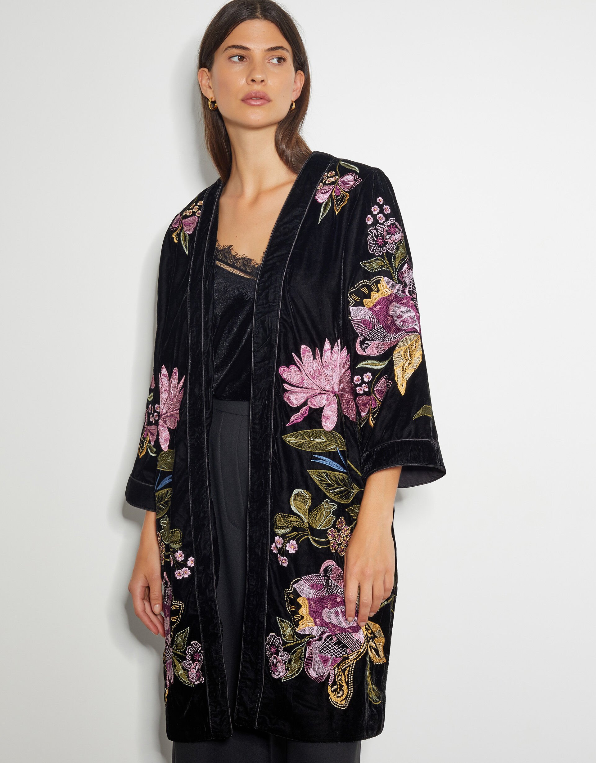 Freya Velvet Embroidered Kimono Black
