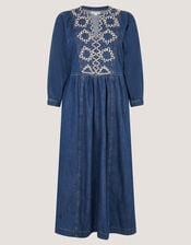 Betty Embroidered Denim Midi Dress, Blue (LIGHT AUTHENTIC), large