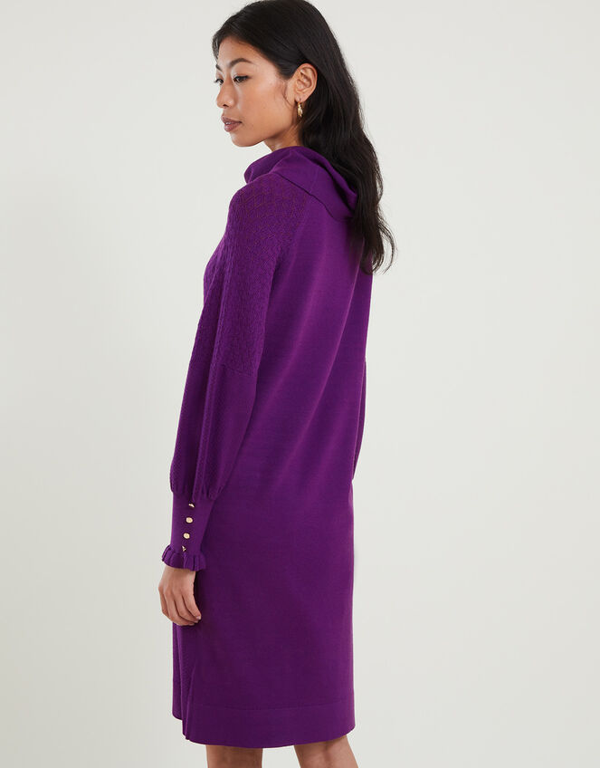 Cowl Neck Knitted Rib Dress, Purple (PURPLE), large