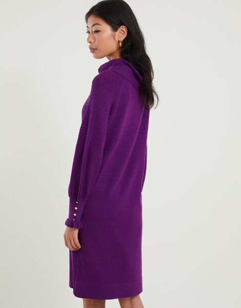 Cowl Neck Knitted Rib Dress Purple, Purple (PURPLE), large