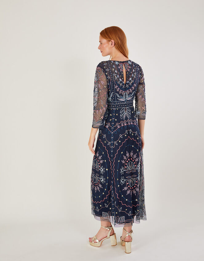 Jeannine Embellished Midi Dress in Recycled Polyester, Blue (NAVY), large