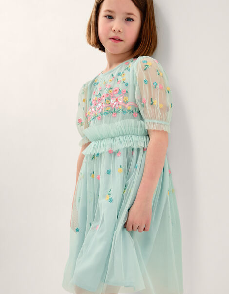 Puff Sleeve Floral Mesh Dress, Blue (BLUE), large