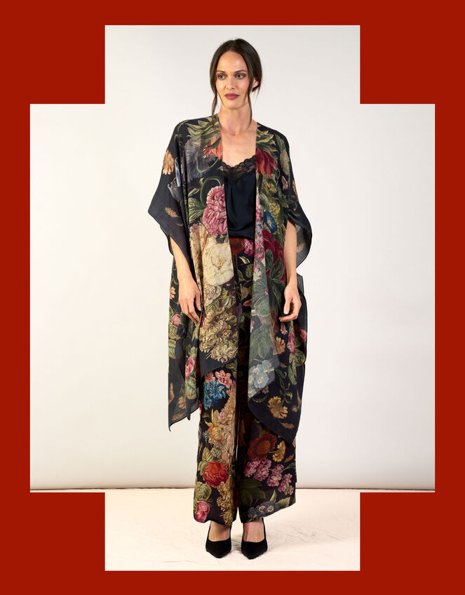 One Hundred Stars Primula Print Wool Throw Over, Black (BLACK), large