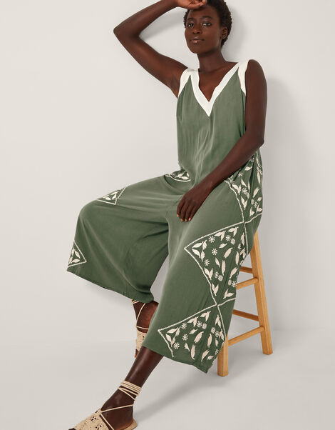 Rhea Embroidered Culotte Romper, Green (KHAKI), large