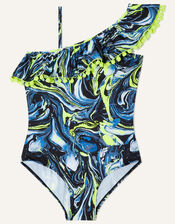 Marble Print One-Shoulder Pom-Pom Swimsuit, Black (BLACK), large