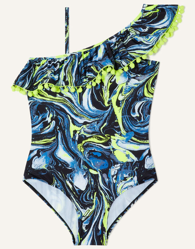 Marble Print One-Shoulder Pom-Pom Swimsuit, Black (BLACK), large