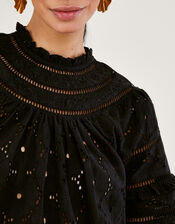 Ruffle Trim Embroidered Top , Black (BLACK), large