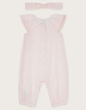 Newborn Dobby Crochet Romper and Headband, Ivory (IVORY), large