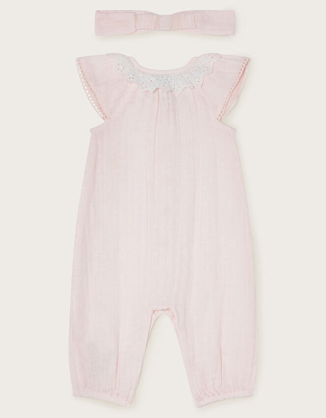 Newborn Dobby Crochet Romper and Headband, Ivory (IVORY), large