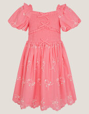 Embroidered Puff Sleeve Smocked Dress, Pink (PINK), large