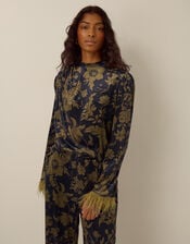 Princella Faux Feather Sleeve Floral Velvet Top, Blue (NAVY), large