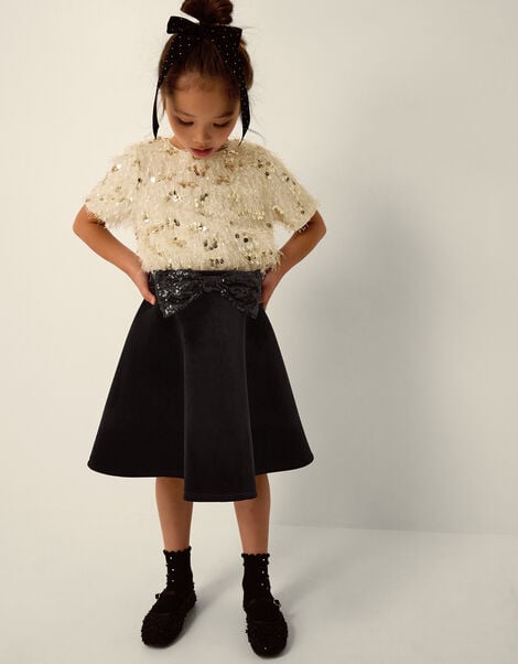 Sequin Bow Velvet Skirt, Black (BLACK), large