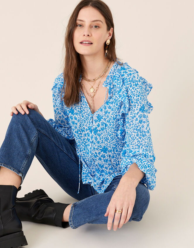 Ruffle Sleeve Floral Blouse, Blue (BLUE), large