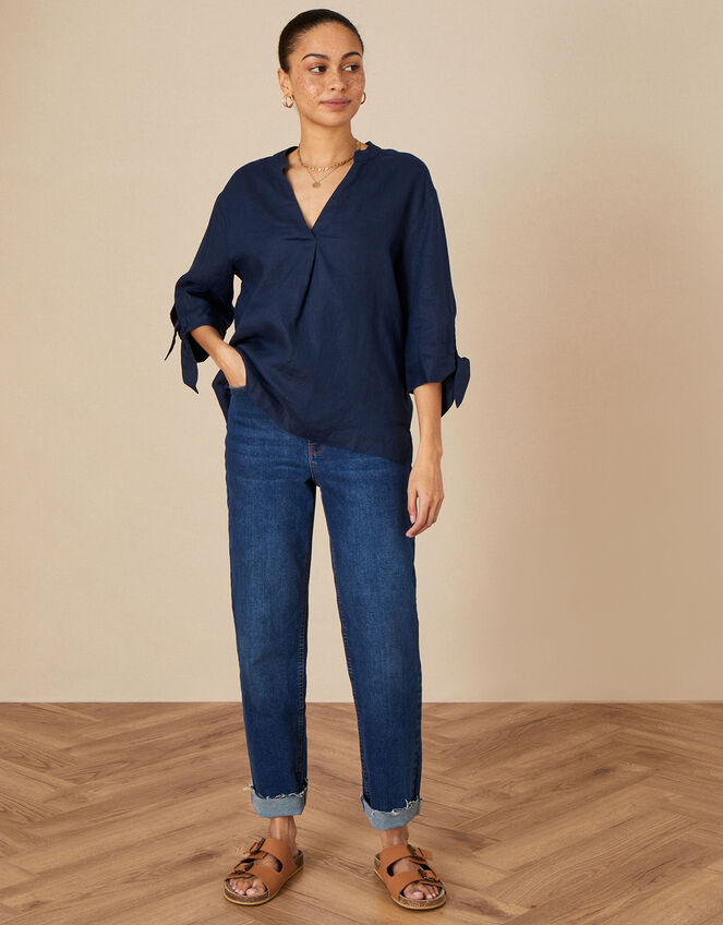 Tie Cuff Linen Tee, Blue (NAVY), large