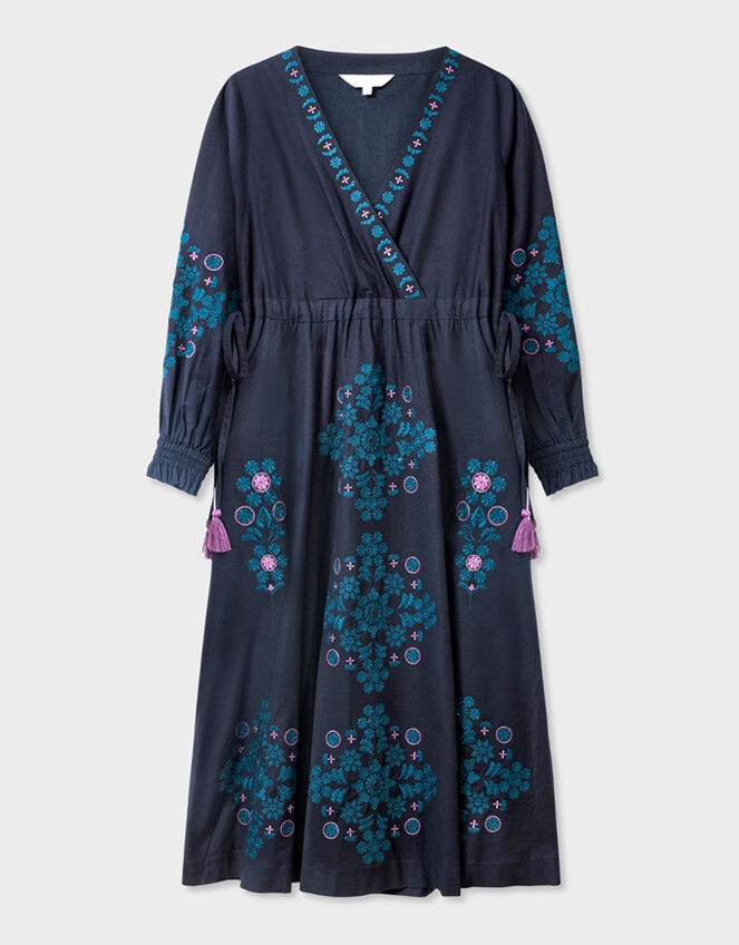 East Sophia Floral Embroidered Cotton Midi Dress, Blue (NAVY), large