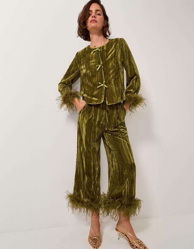 Olivia Feather Cuff Velvet Jacket, Green (OLIVE), large