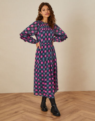 Gwyneth Woodblock Check Dress, Black (BLACK), large