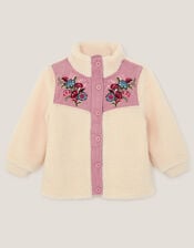 Floral Embroidered Faux Shearling Jacket, Ivory (IVORY), large