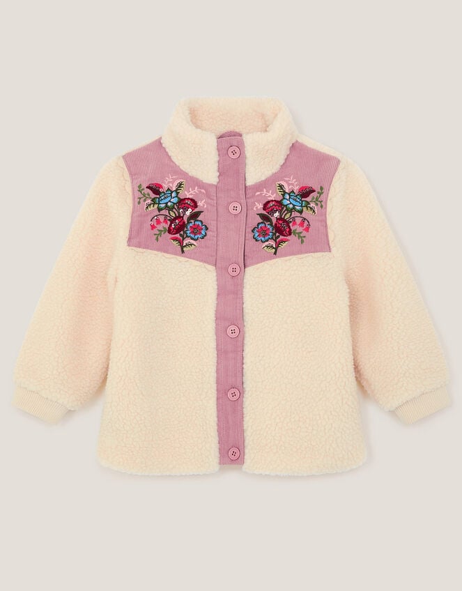 Floral Embroidered Faux Shearling Jacket, Ivory (IVORY), large