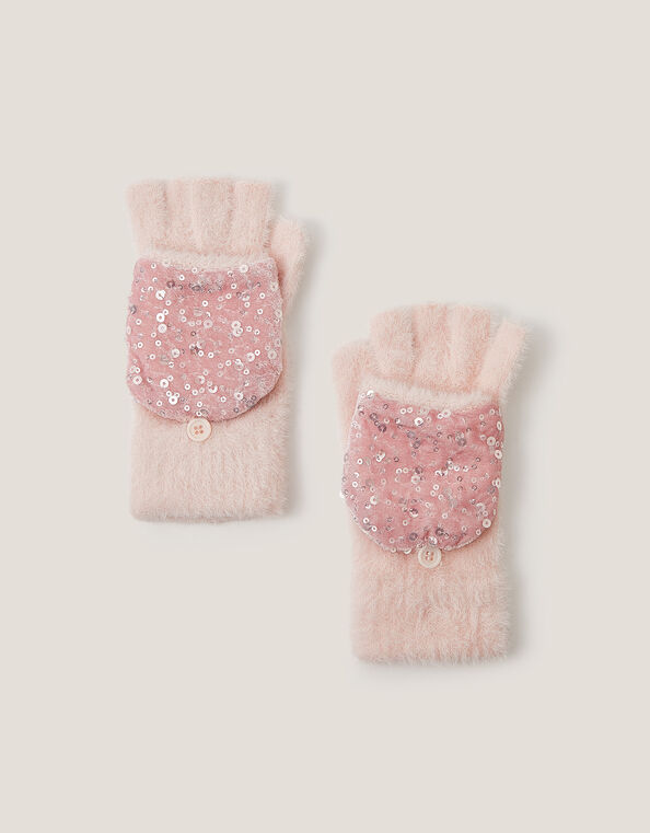 Fuzzy Sequin Capped Gloves, Pink (PINK), large
