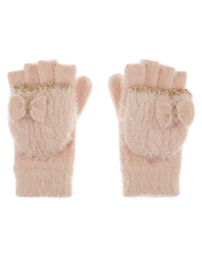 Poppy Bow Fluffy Knit Capped Gloves, Pink (PINK), large