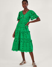 V-Neck Tiered Broderie Dress, Green (GREEN), large