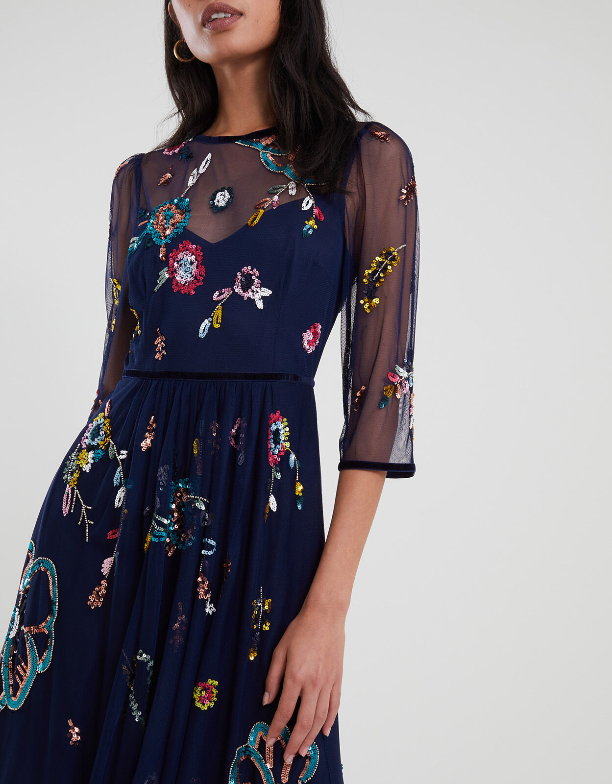 Nyla Embellished Midi Dress in Recycled Polyester Blue | Evening Dresses |  Monsoon Global.