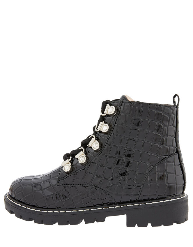 Patent Croc Lace-Up Ankle Boots, Black (BLACK), large